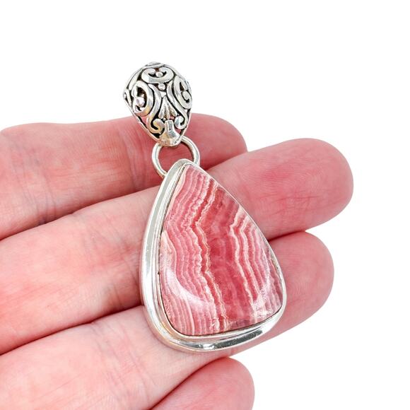 Large Pink Rhodochrosite Sterling Silver Pendant | Teardrop Statement Necklace - Picture 1 of 7